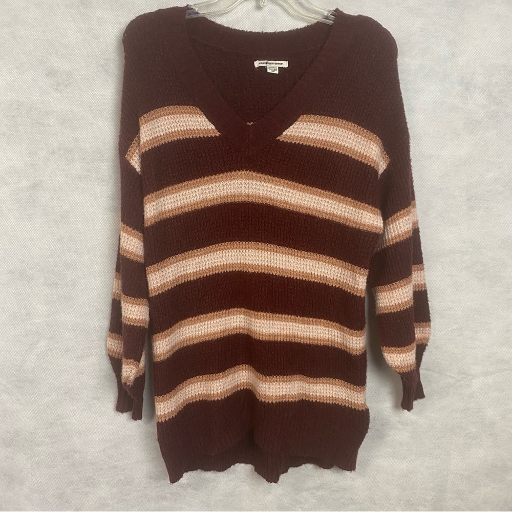 American Eagle Oversized Waffle Knit Sweater Womens XS Burgundy Striped V Neck